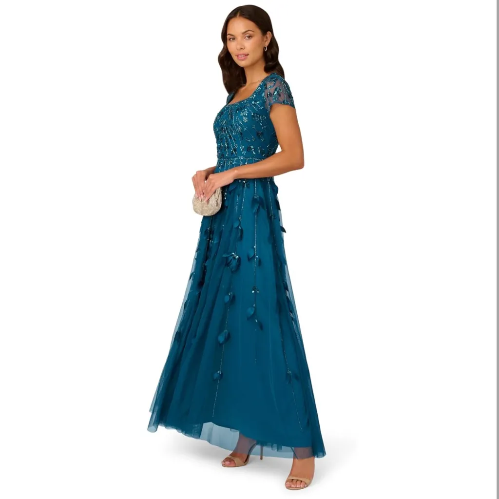 NWT Adrianna Papell Beaded 3D Petal Short Sleeve Gown Teal Blue Dress Sz 6 - Image 4