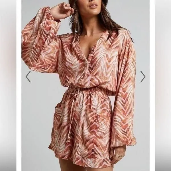 Showpo Amalie The Label Lotte Linen Blend Long Sleeve Playsuit Tonal Zebra SZ 4 Pink - Image 4