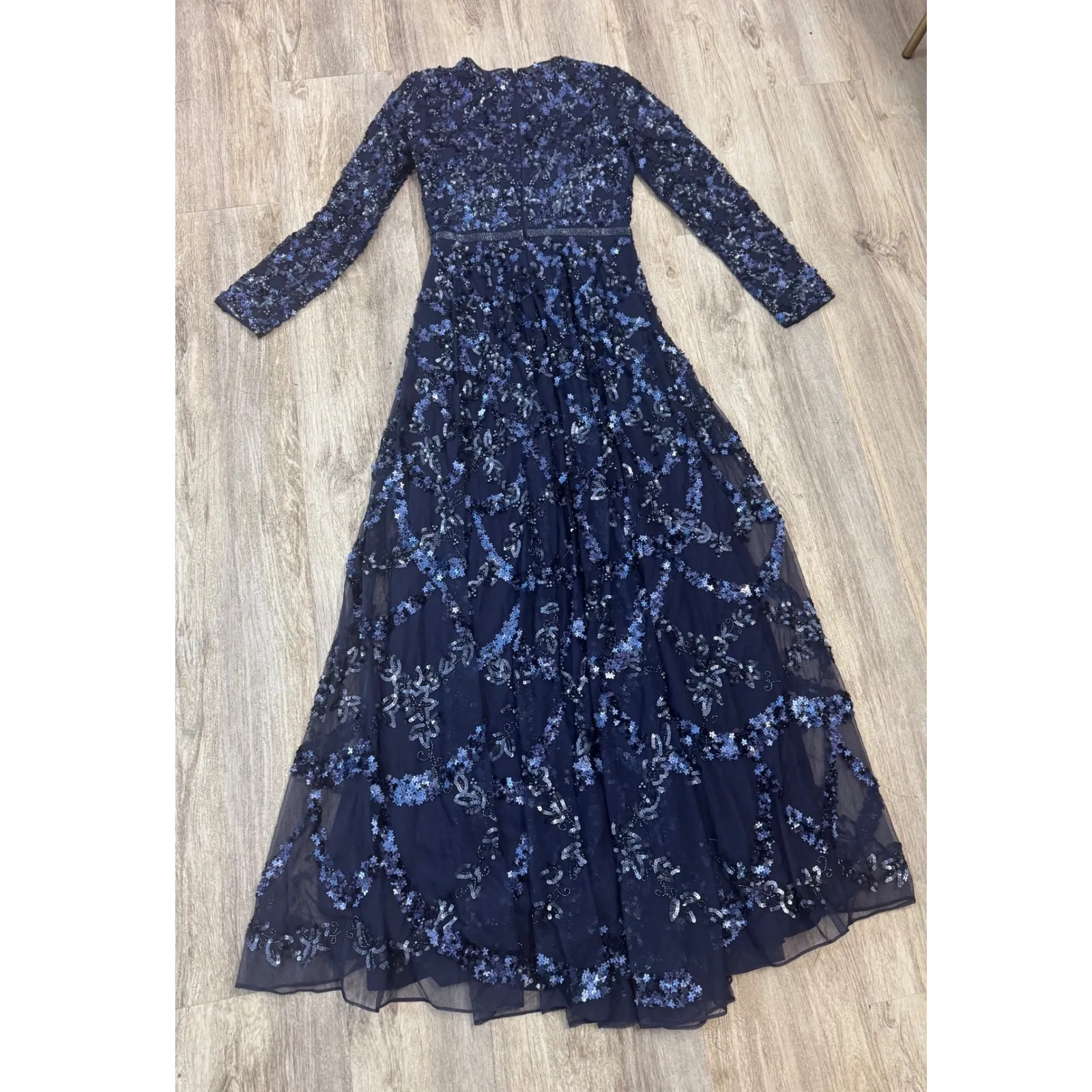 Mac Duggal Navy Embellished Illusion High Neck Long Sleeve A Line Gown Size 6 - Image 3