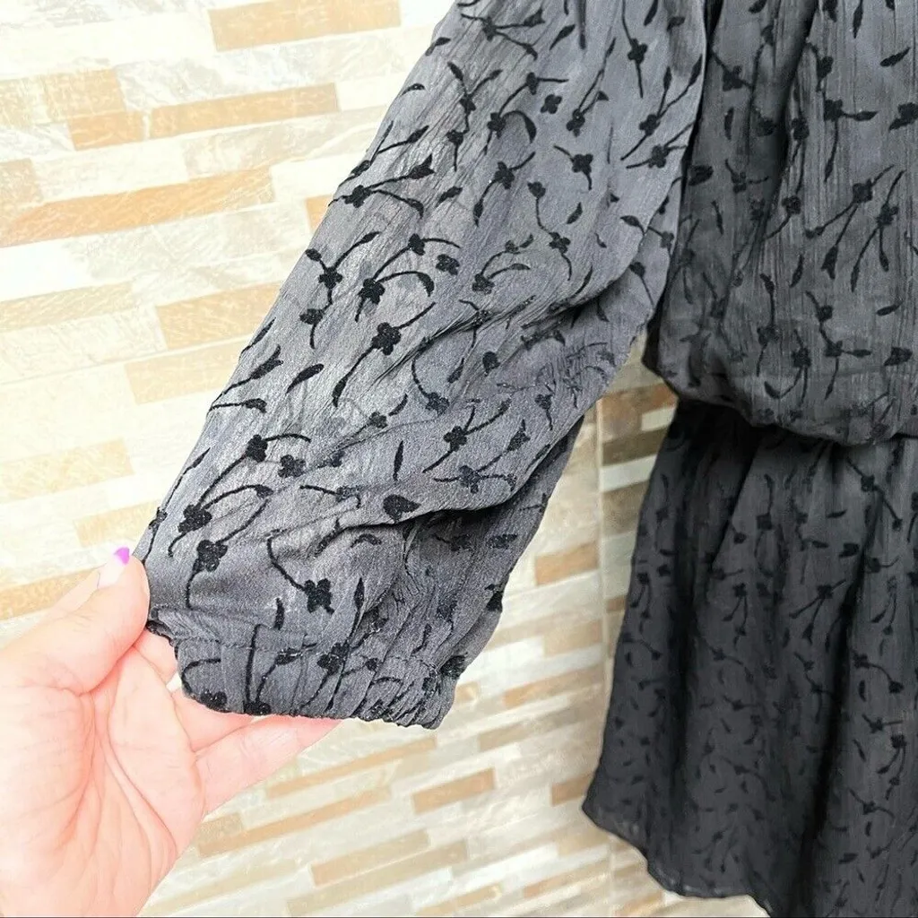 Zara Fit & Flare Mini Dress Black Velvet Floral Balloon Sleeves Size S - Image 4