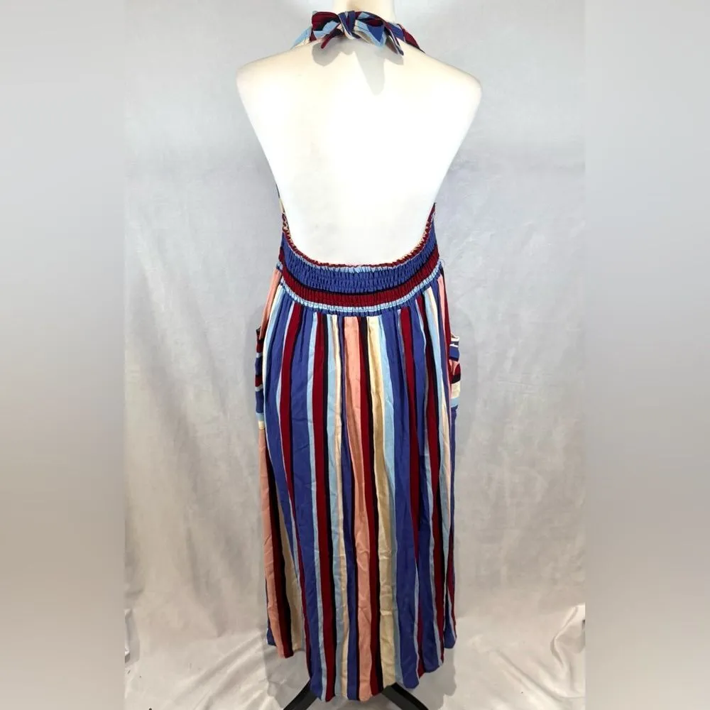 Anthro Anama multi color striped smocked halter midi dress size medium - Image 4