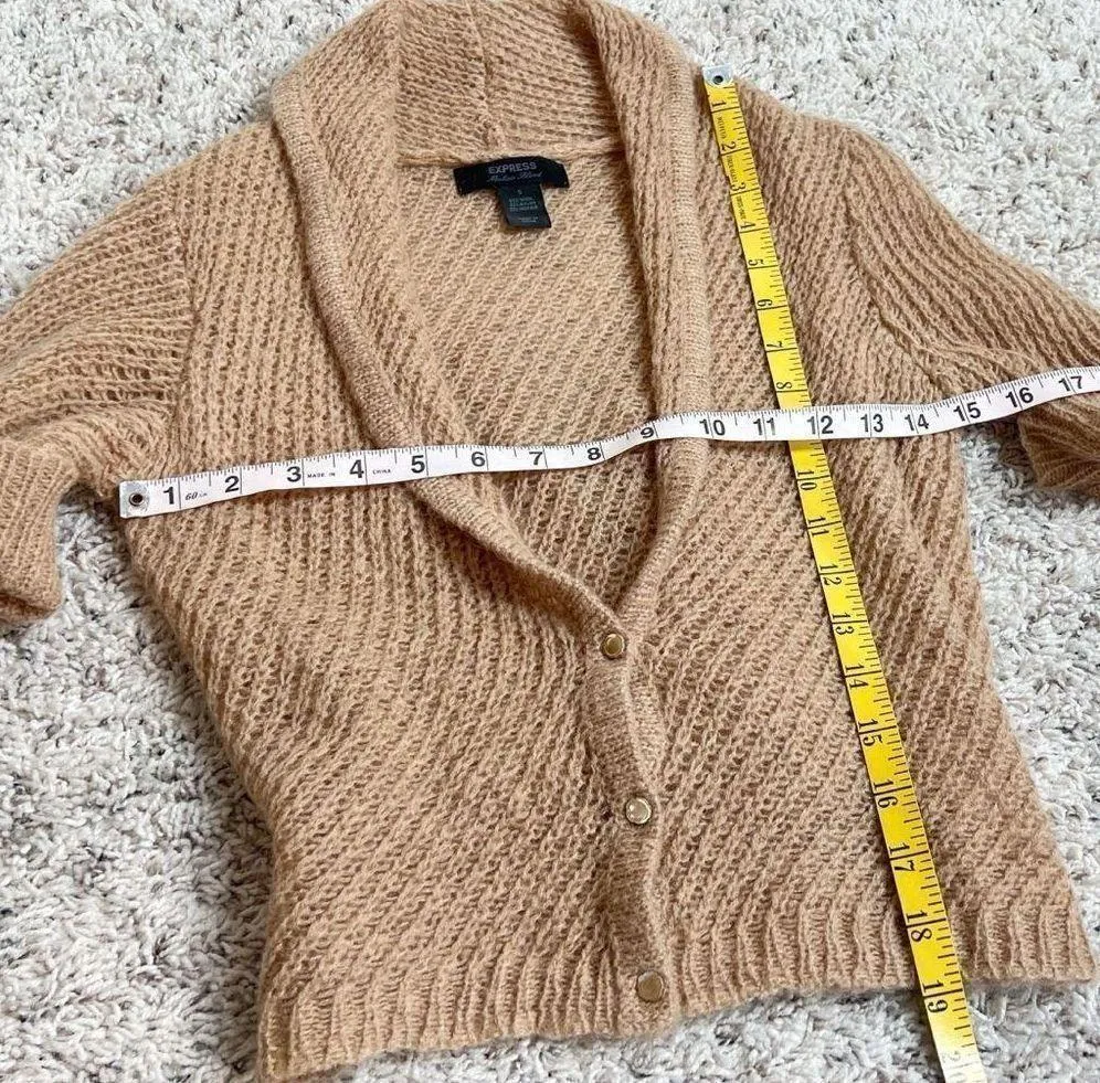 Express Mohair Wool Tan Short Sleeve Cropped Cowl Neck Knit Cardigan Sweater S - Image 7