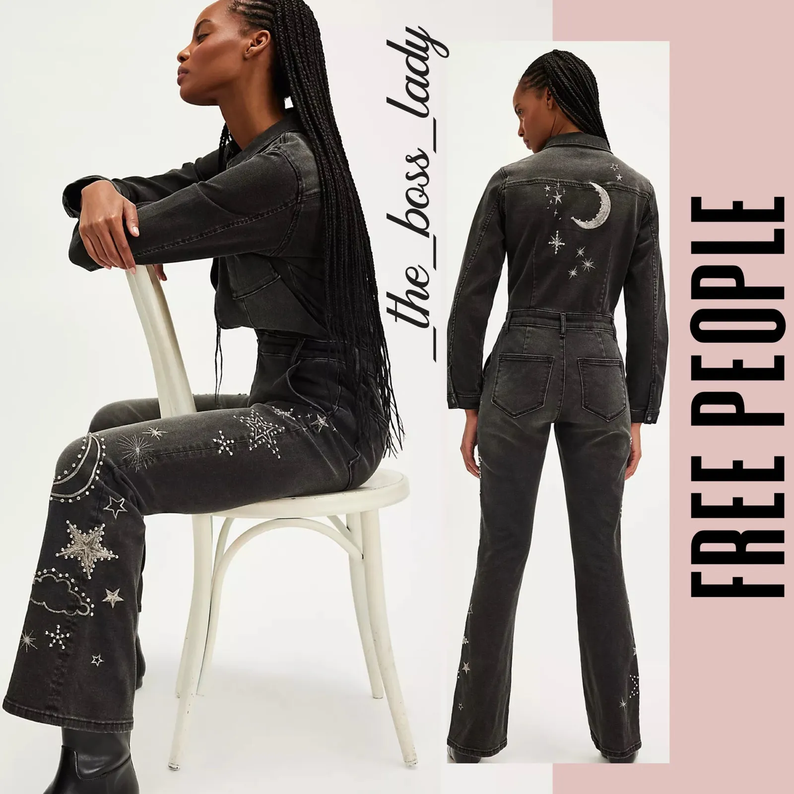 Free People x Driftwood jumpsuit denim one piece onesie embroidered Large - Image 9