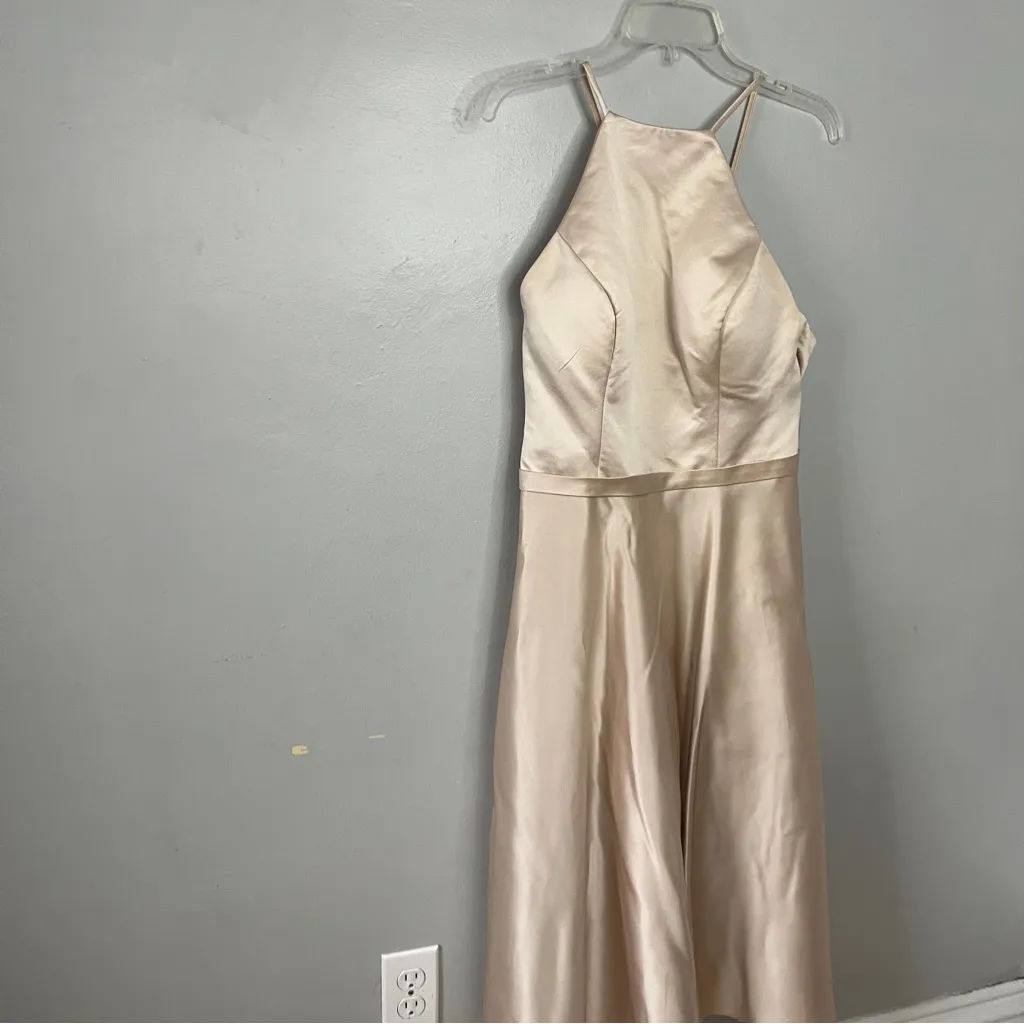 Bill Levkoff Bridesmaid High Neck Champagne Satin Gown Dress 1614 - Image 3