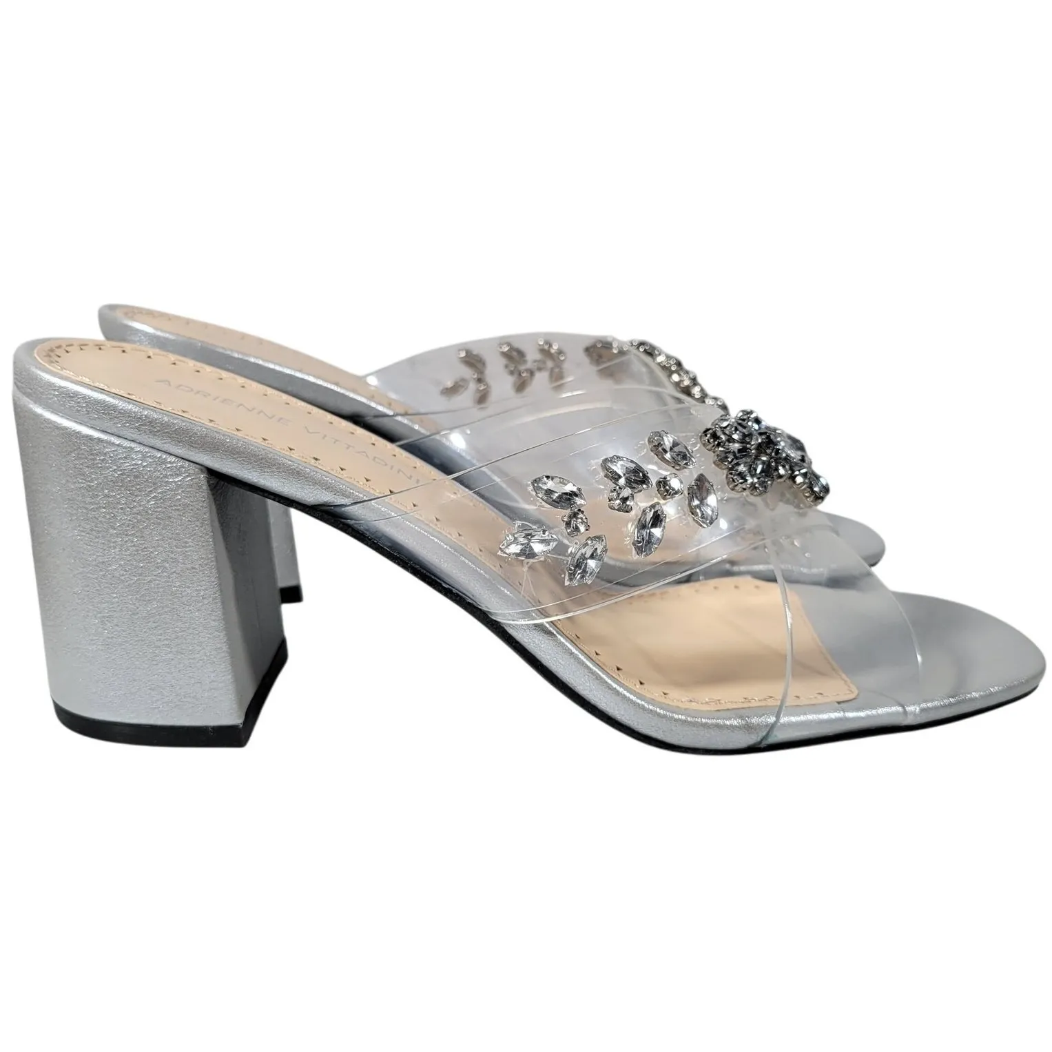 ADRIENNE VITTADINI Women's Silver Embellished Clear Strap Block Heel Mules 9.5 - Image 5