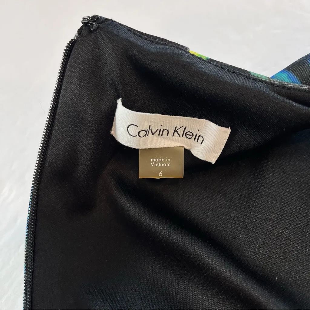 Calvin Klein Blue Yellow‎ Floral Sleeveless  Pleated Pockets Scuba Flare Dress 6 - Image 8