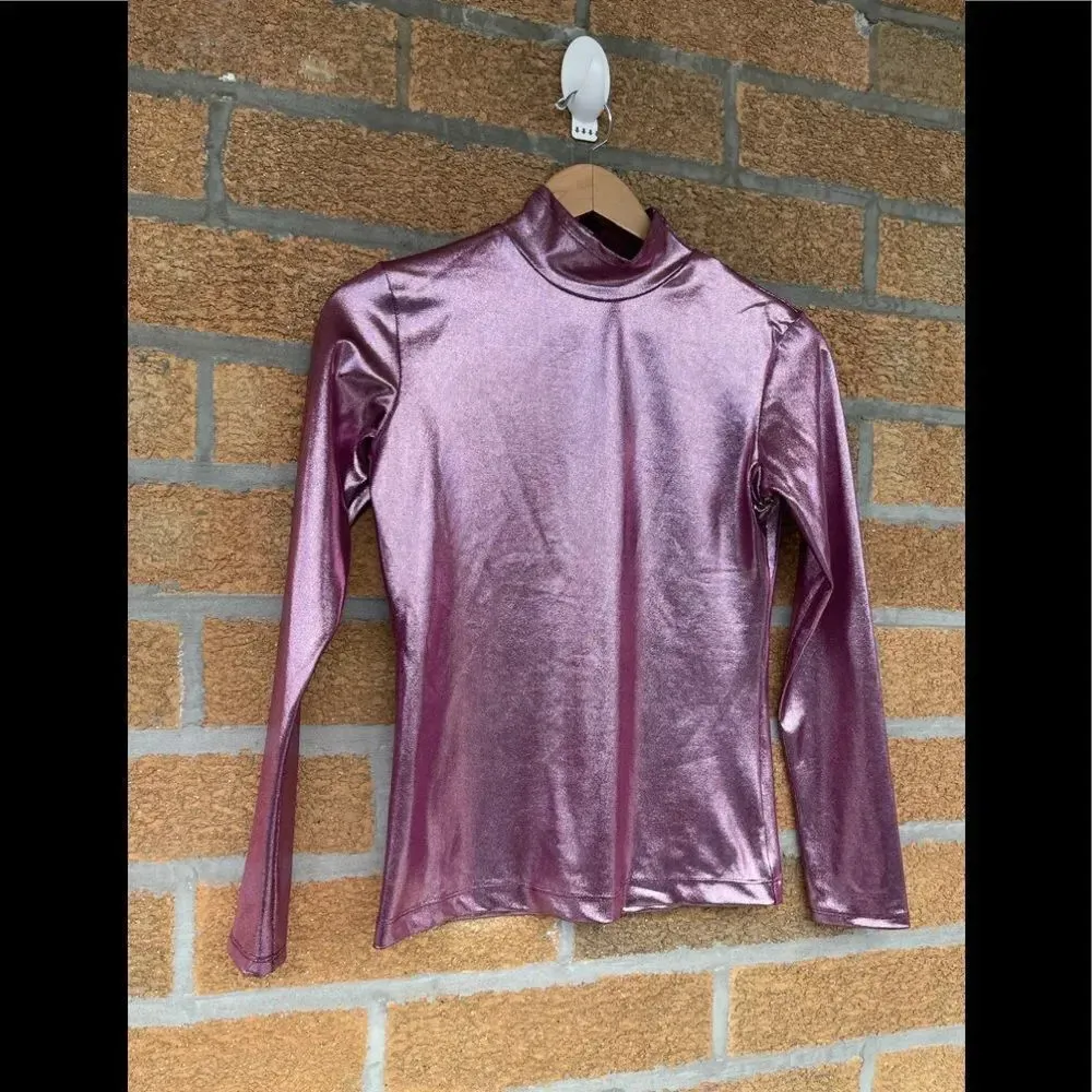 Beverly Mehl Metallic Liquid Mock Neck Turtleneck Long Sleeve small Pink - Image 2