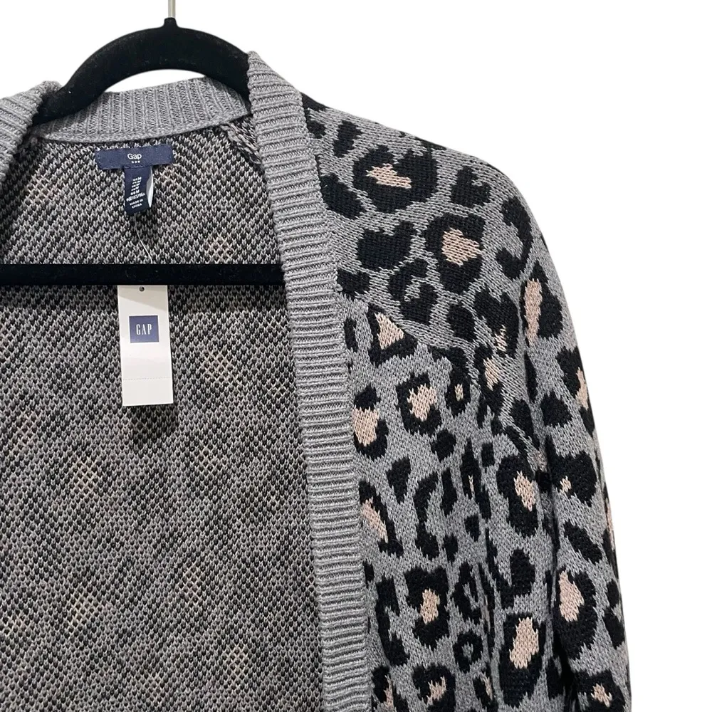Gap Leopard Print Open Cardigan Sweater Grey Women’s Size Medium New Black - Image 4
