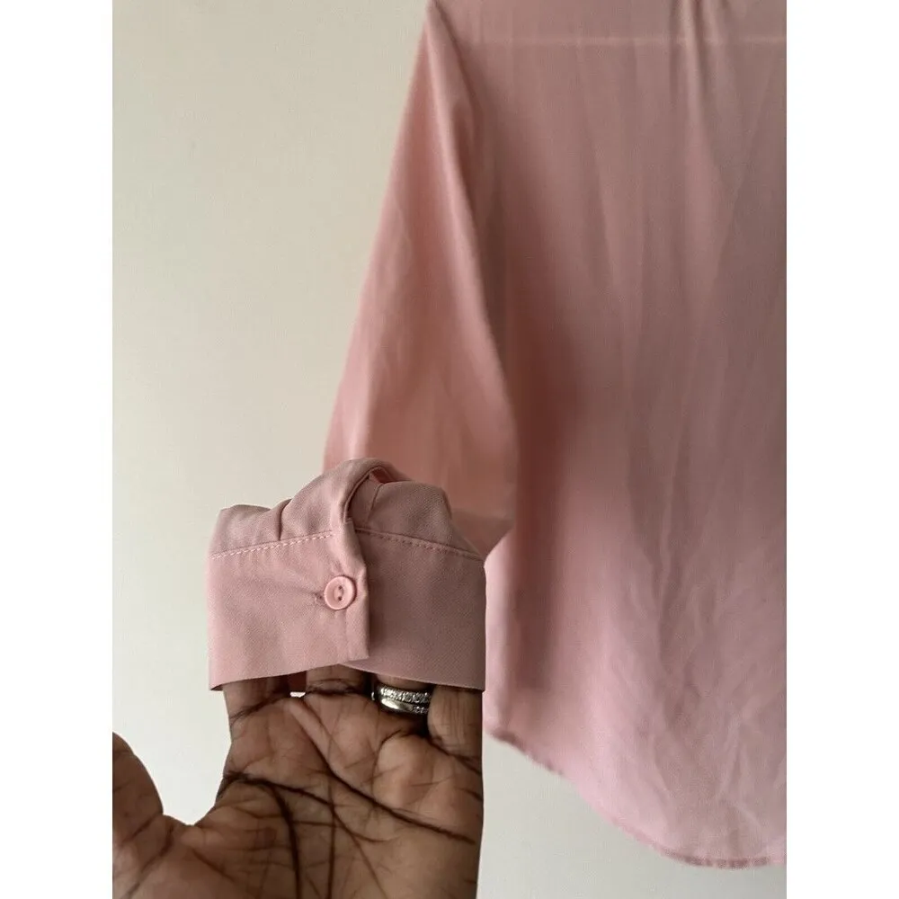 Women's Pink Tie Neck Long Sleeve Puffy High Low Blouse Size S Lightweight - Image 4
