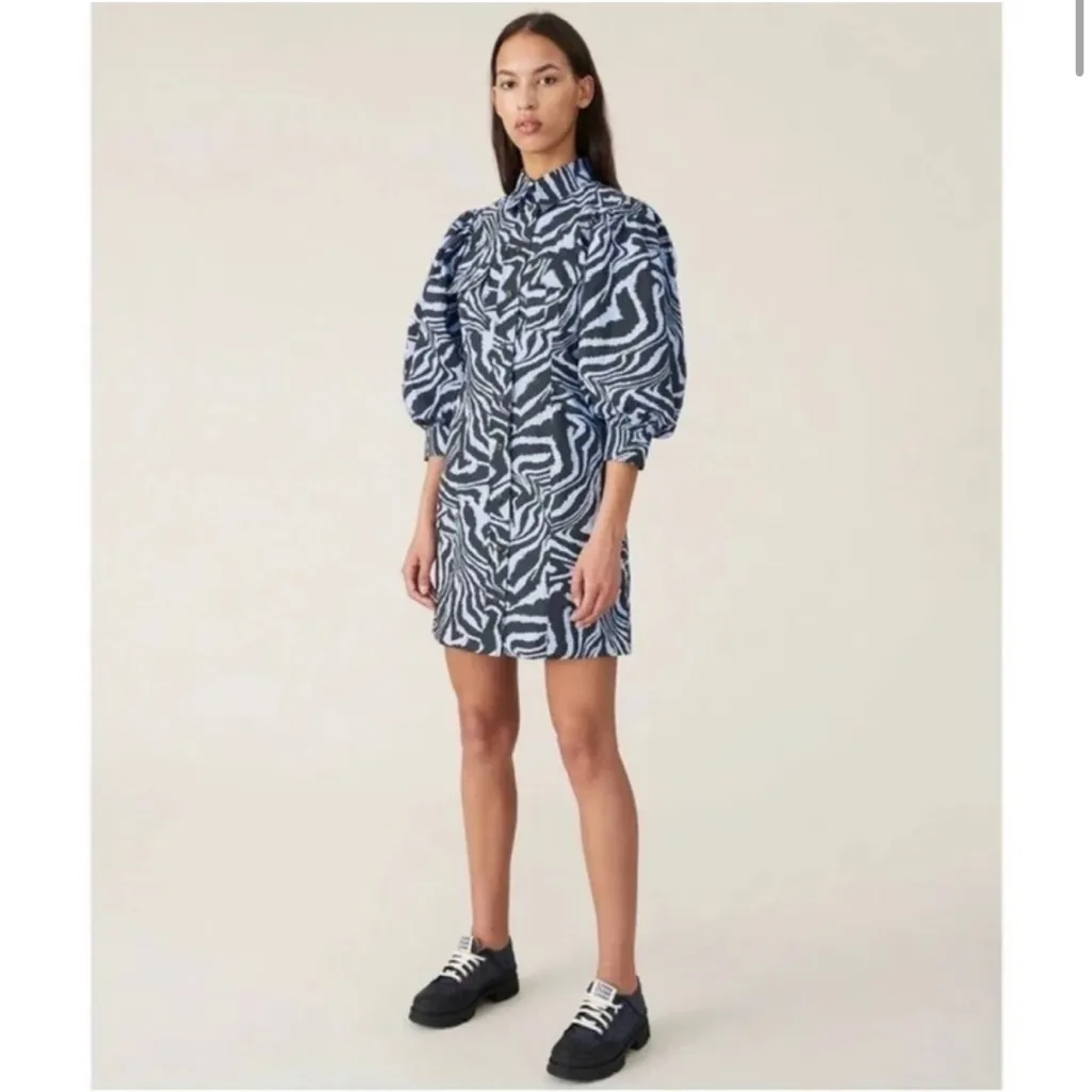 Ganni Blue Black Zebra Animal Print Puff Sleeve Mini Dress Size Small - Image 3
