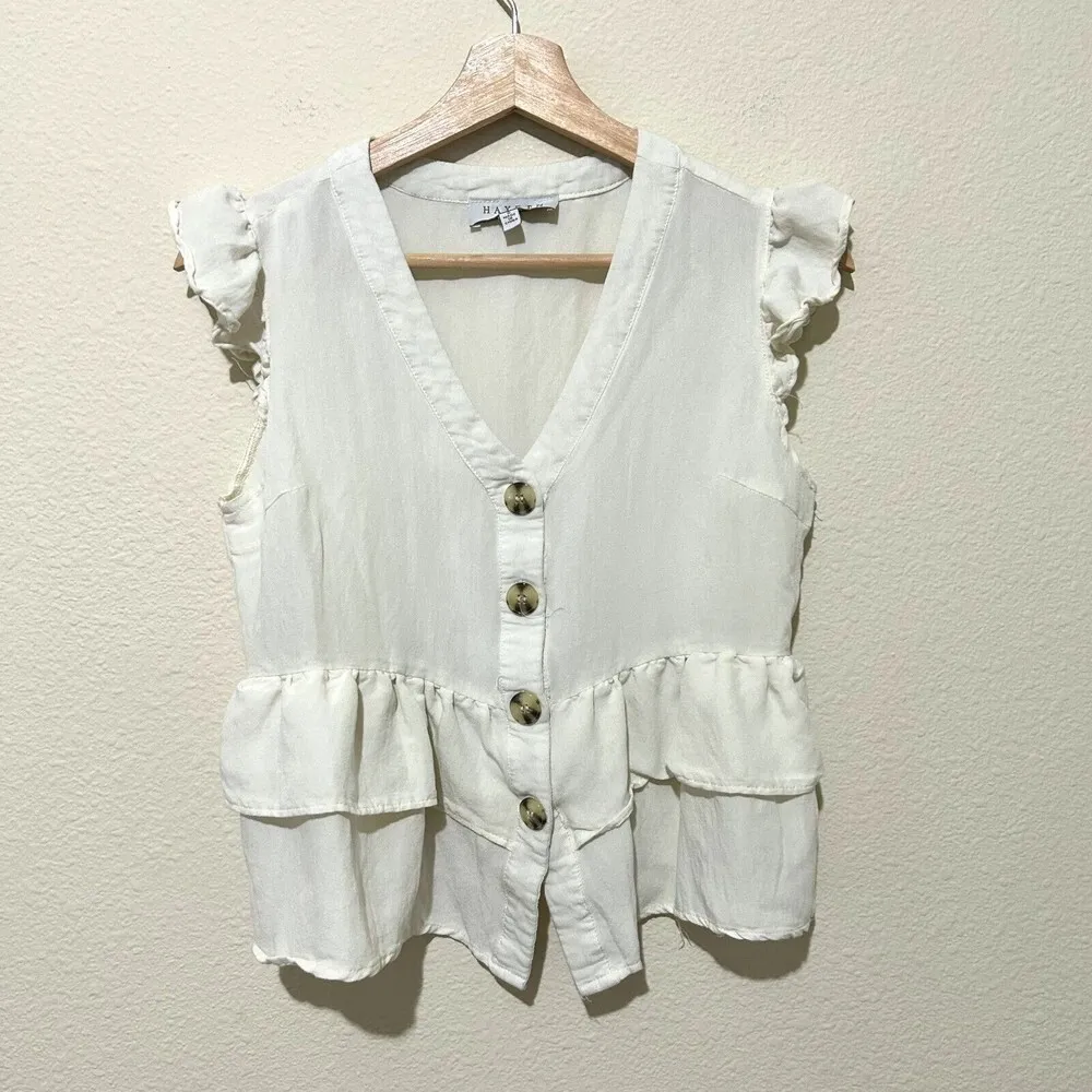 Hayden Tiered Button‎ Front Top Size S V-Neck Ruffle Cropped Ivory Boho - Image 2