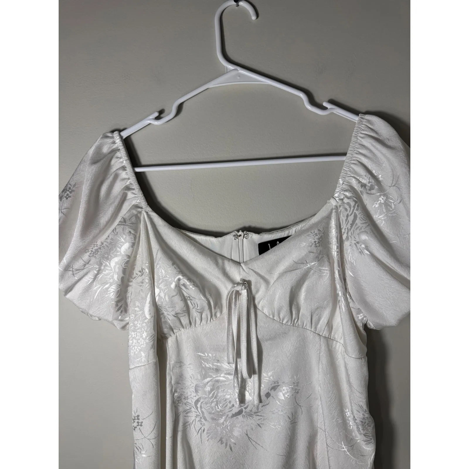 Lulus White Floral Jacquard Puff Sleeve Sweetheart Neckline Mini Dress Size L - Image 3