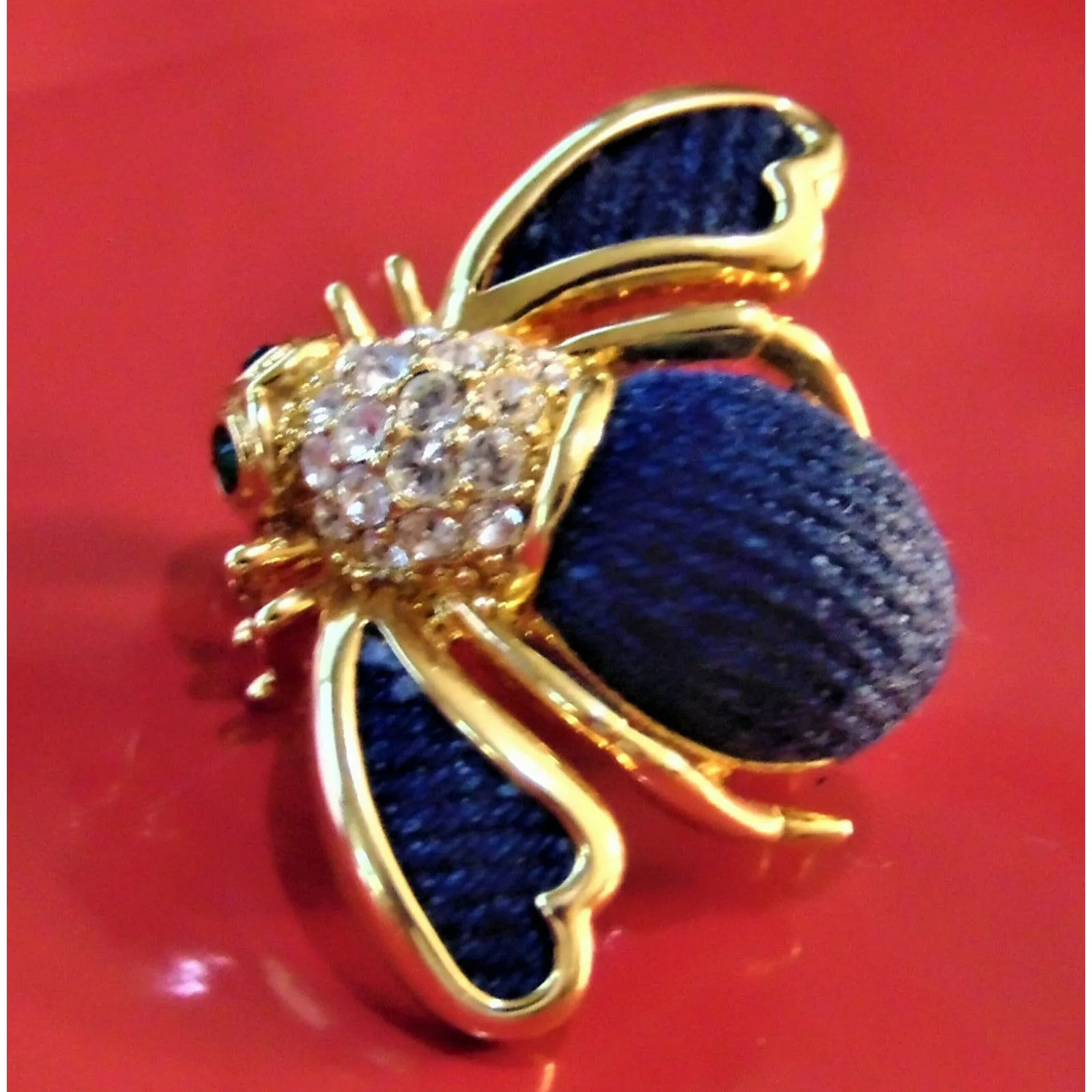 VTG Joan Rivers Blue DENIM & PAVE CRYSTAL BEE PIN Brooch Gold Plate Rhinestones! - Image 4