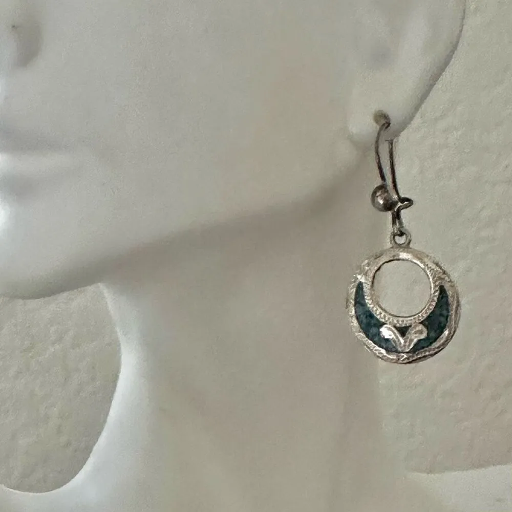 Sterling Silver Mexico Turquoise Chip Inlaid round Earrings Blue - Image 3