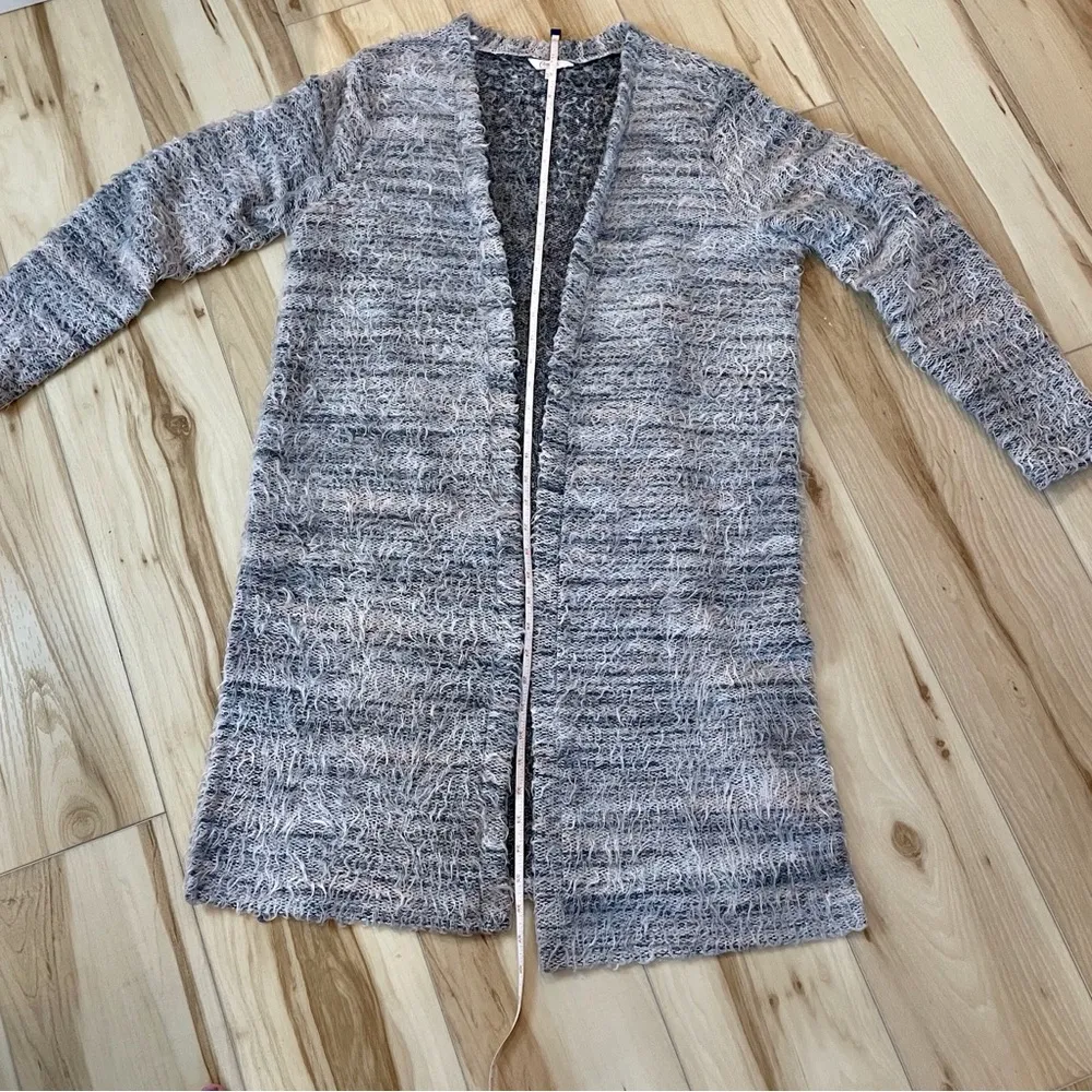 Candie's long cardigan fuzzy duster sweater womens large gray black white - Image 8