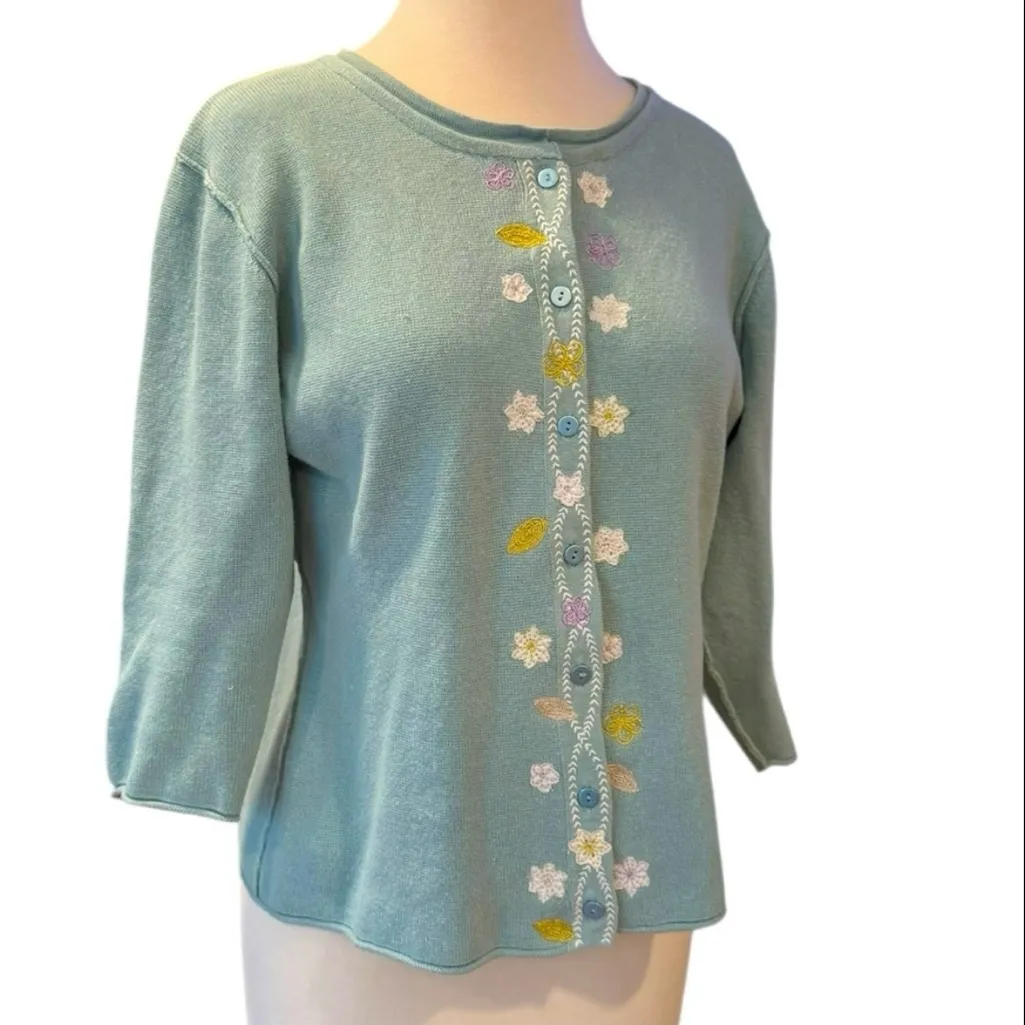 Woolrich Mint Green 3/4 Length Sleeves Floral Embroidered Button Up Medium - Image 2
