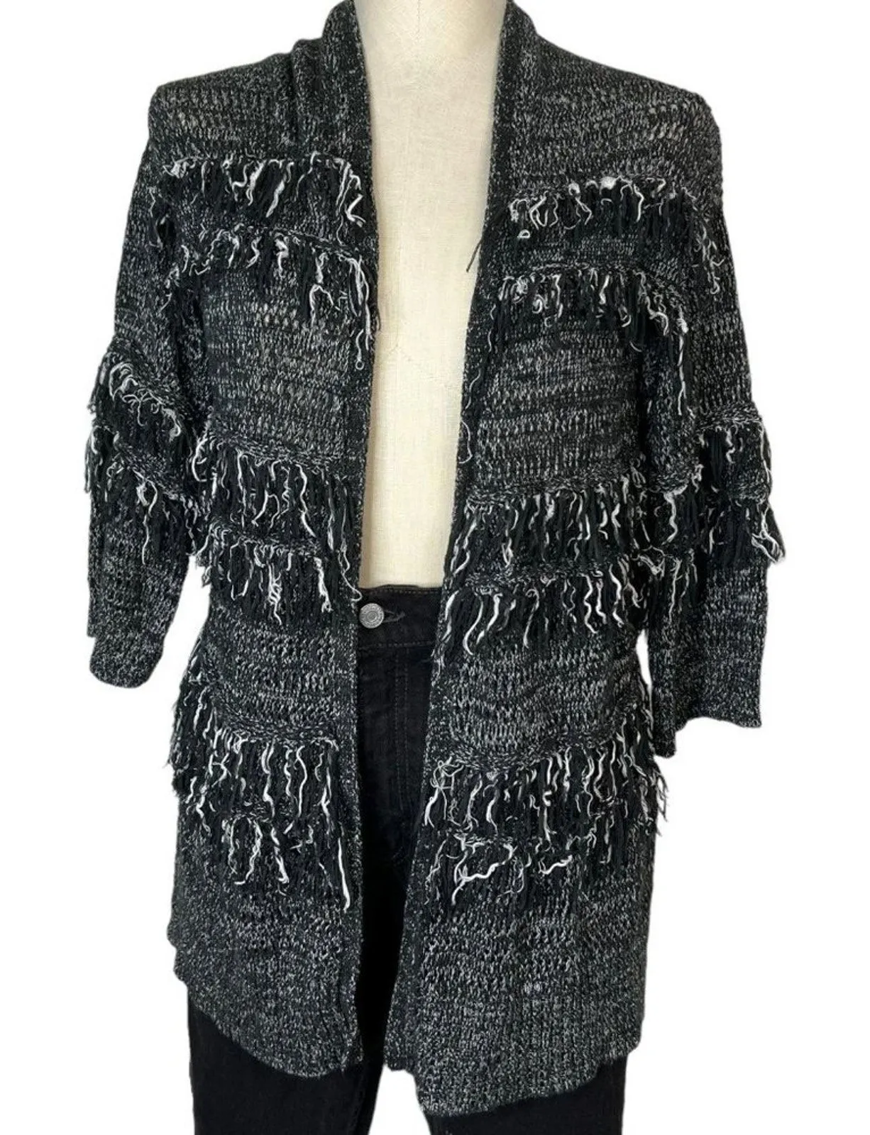 Knox Rose White Black Fringe Open Front Cardigan Sweater Boho Size XS - Image 1