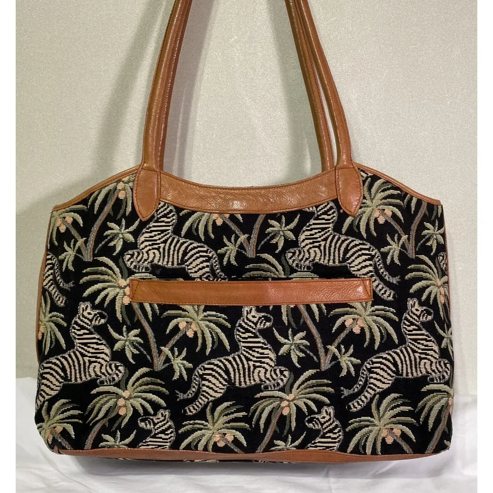 Jim Thompson Vintage Woven Animal Print Large Tote Handbag/Purse Leather Trim - Image 3