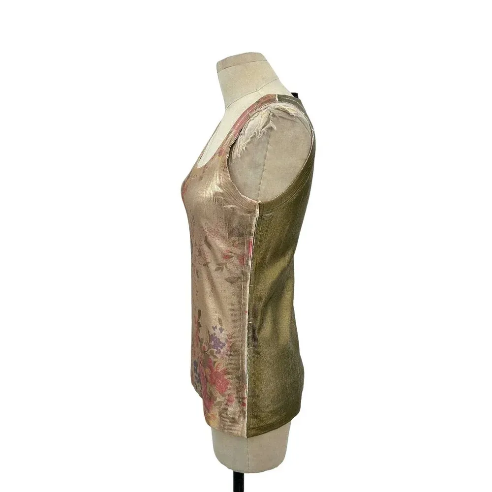 MY TWIN‎ TWINSET Rose Gold Floral Print Ribbed Tank Top Size Large Pink - Image 6