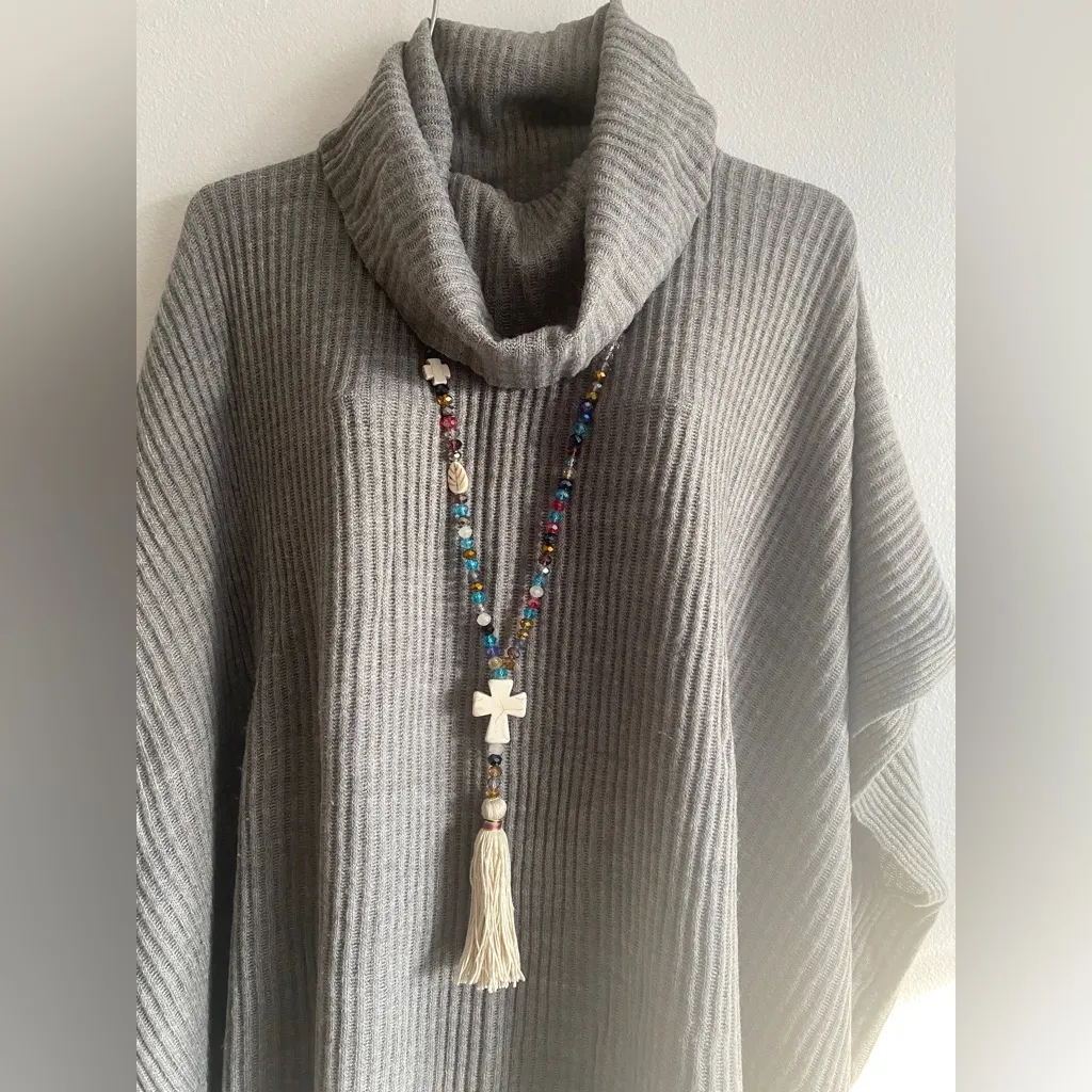 1Pc Boho Sweater Necklace Colorful Beaded‎ Cream Tassel Cross Charm Fashion Blue - Image 6