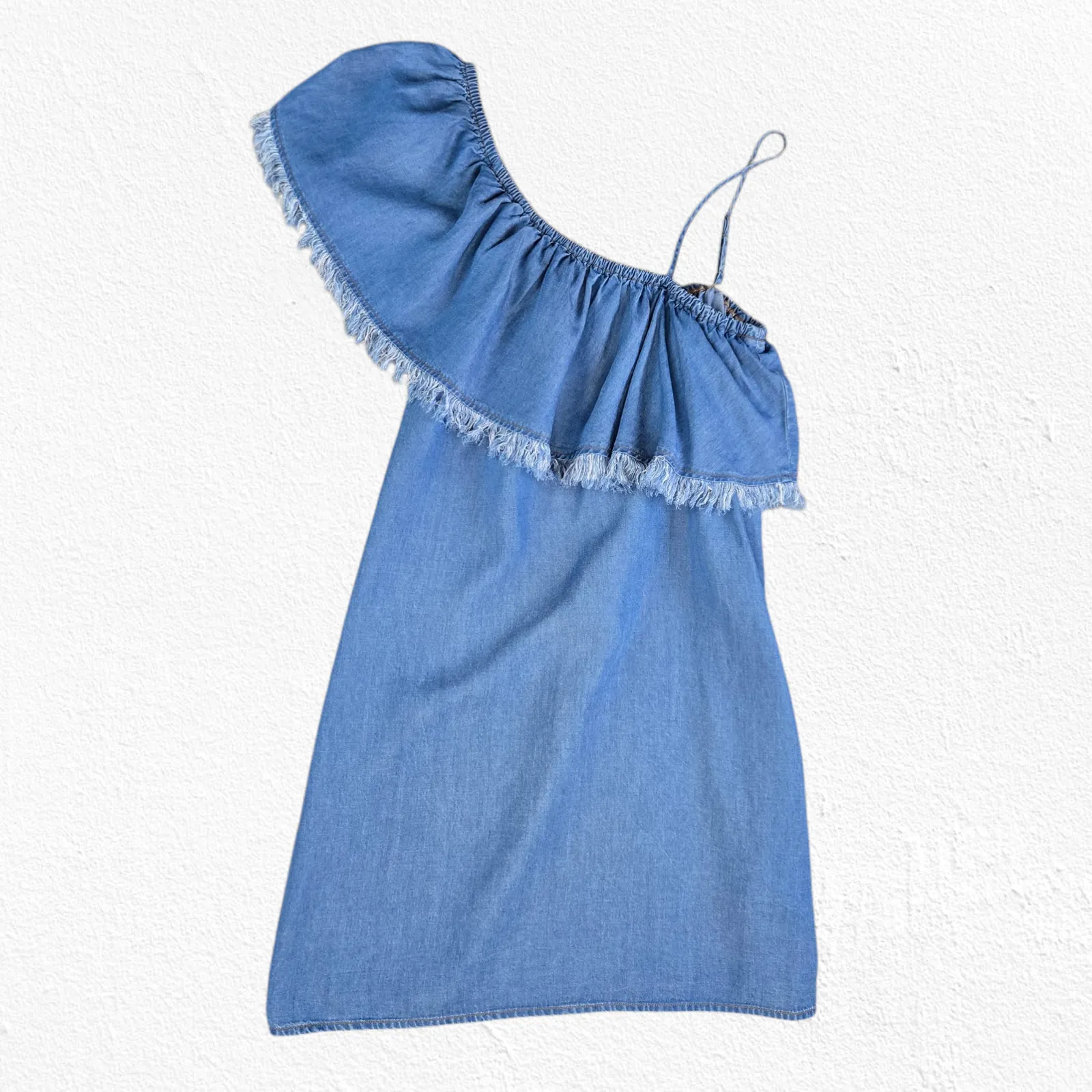 Splendid One Shoulder Indigo Tencel Ruffle Fringe Chambray Dress Size Large - Image 6