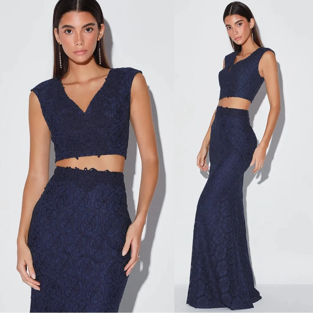 Lulu’s • Something So Sweet Navy Blue Lace Two-Piece Maxi Dress gown prom formal - Image 2