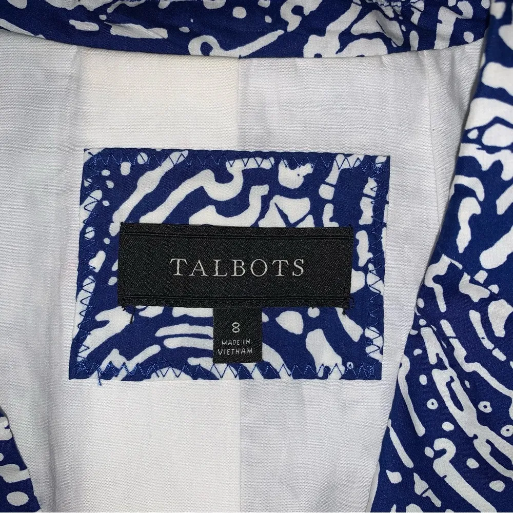 Talbots Blue White Batik Print Cotton Blazer Size 8 - Image 3