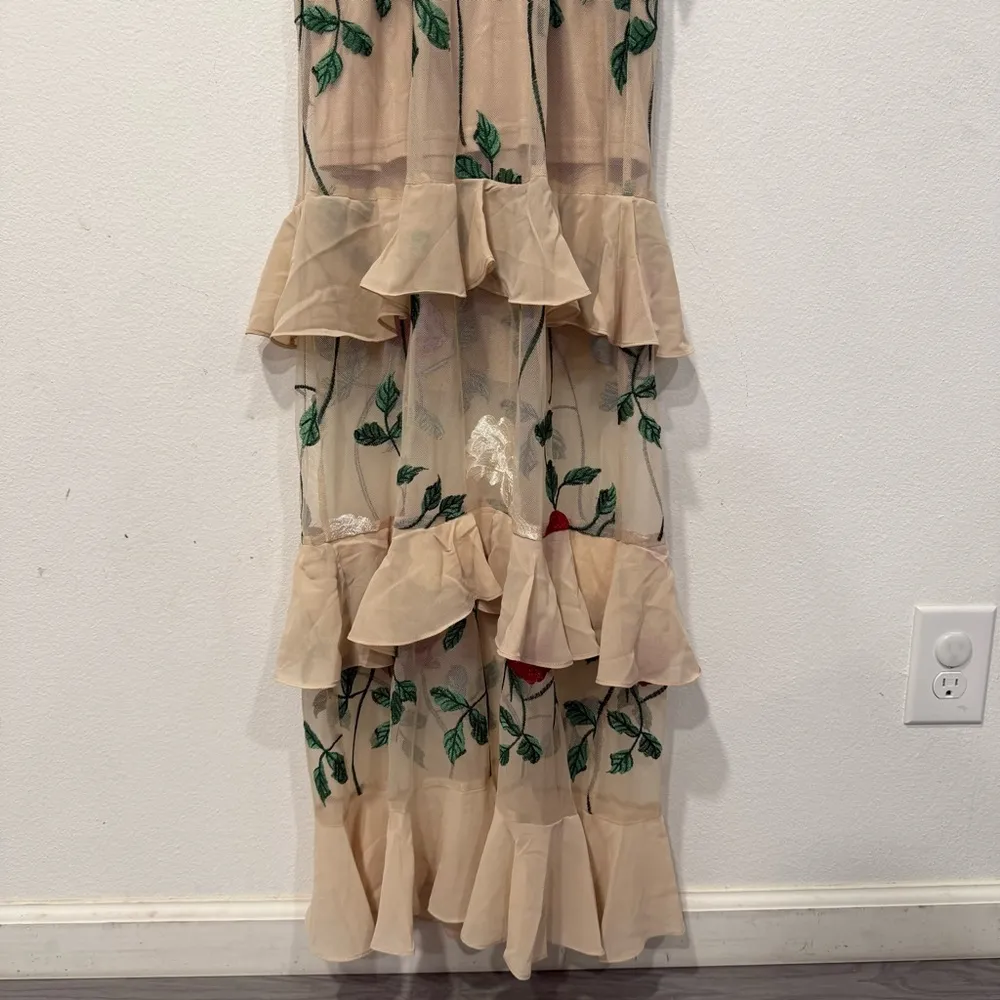 Lulu’s True to Heart Beige Floral Embroidered Ruffled Tiered Maxi Dress S - Image 5