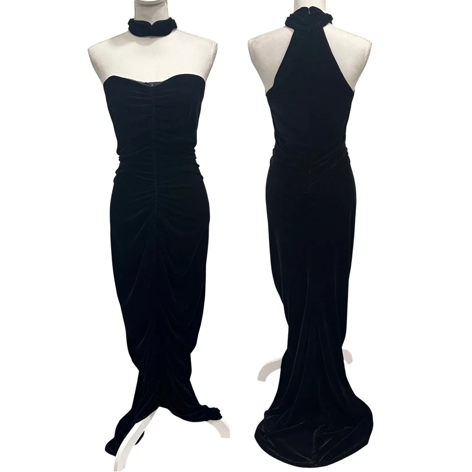 VTG 90s Jessica McClintock Black Velvet Strapless Turtle Reverse Halter Gown S - Image 3