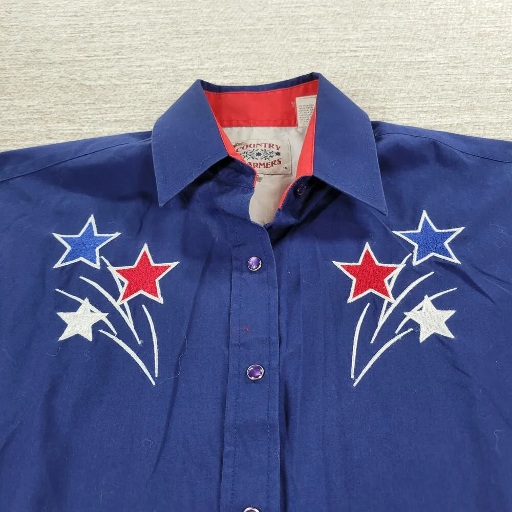 VTG Country Charmers Stars Western Shirt Womens M Pearl Snaps Patriotic Cowboy Blue Size M - Image 12