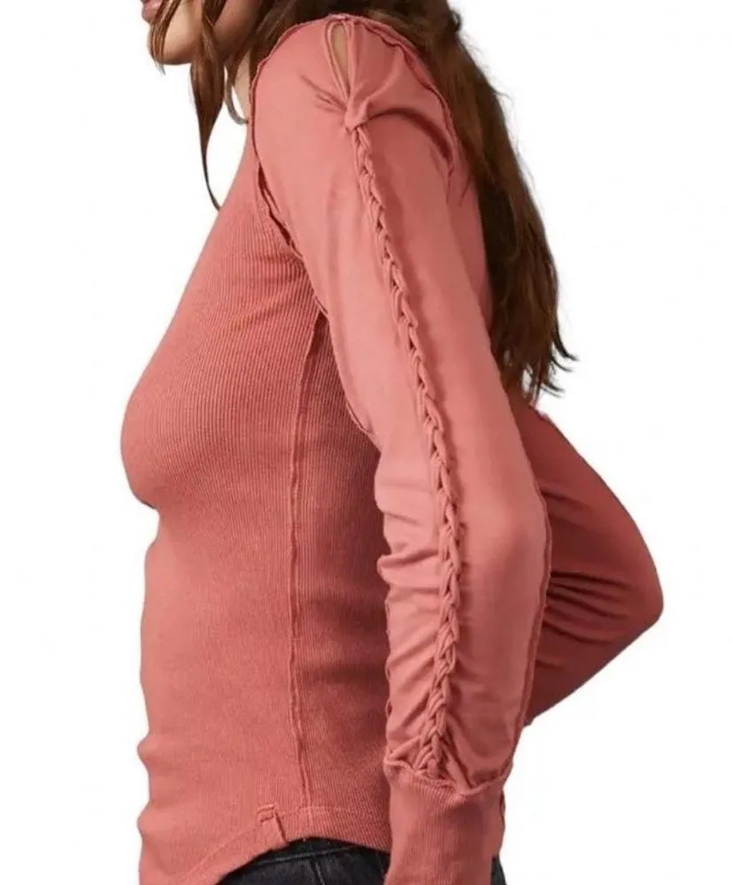 FREE PEOPLE Daisy Chain Cuff Long Sleeve Ribbed Cold Shoulder Top  Sz Med - Image 5