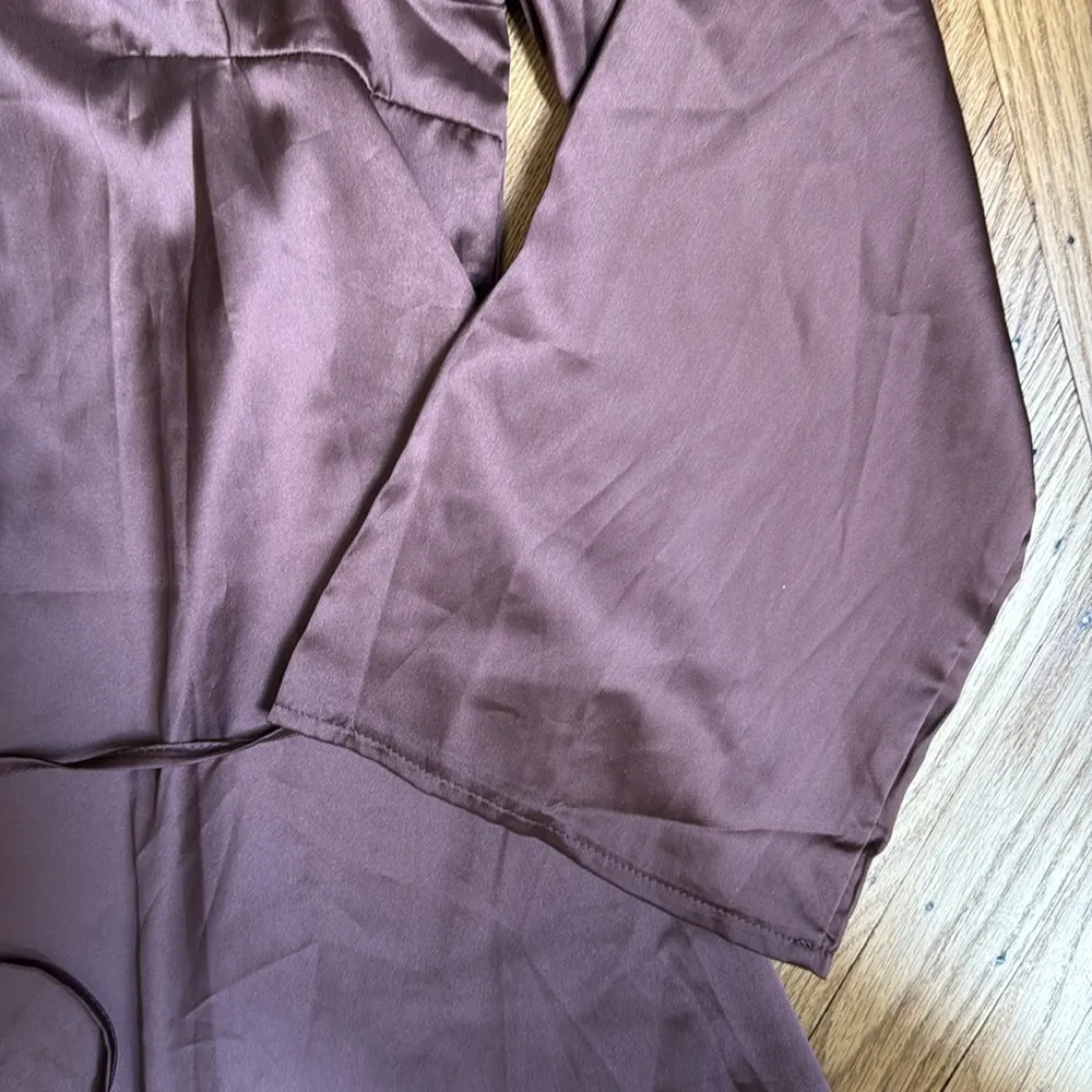 SHEIN Brown Long Sleeve A-Line Midi Dress XL, Soft Satin Feel, Tie Waist - Image 4