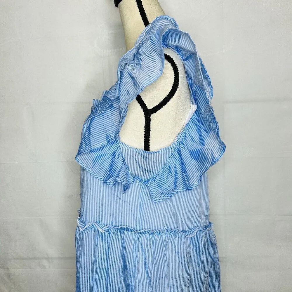 THML Blue White Babydoll Dress Ruffle Tiered Sleeveless Lined Women's Size L - Image 5