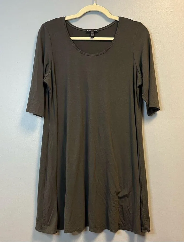Eileen Fisher Top Grey (Bark) Scoop Neck Elbow Sleeve Tunic Mini Dress Sz L EUC - Image 4