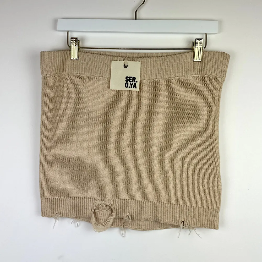 SER.O.YA Arola Skirt Rib Knit Cappuccino Beige Pull On Cotton Distressed XL NWT Tan - Image 7