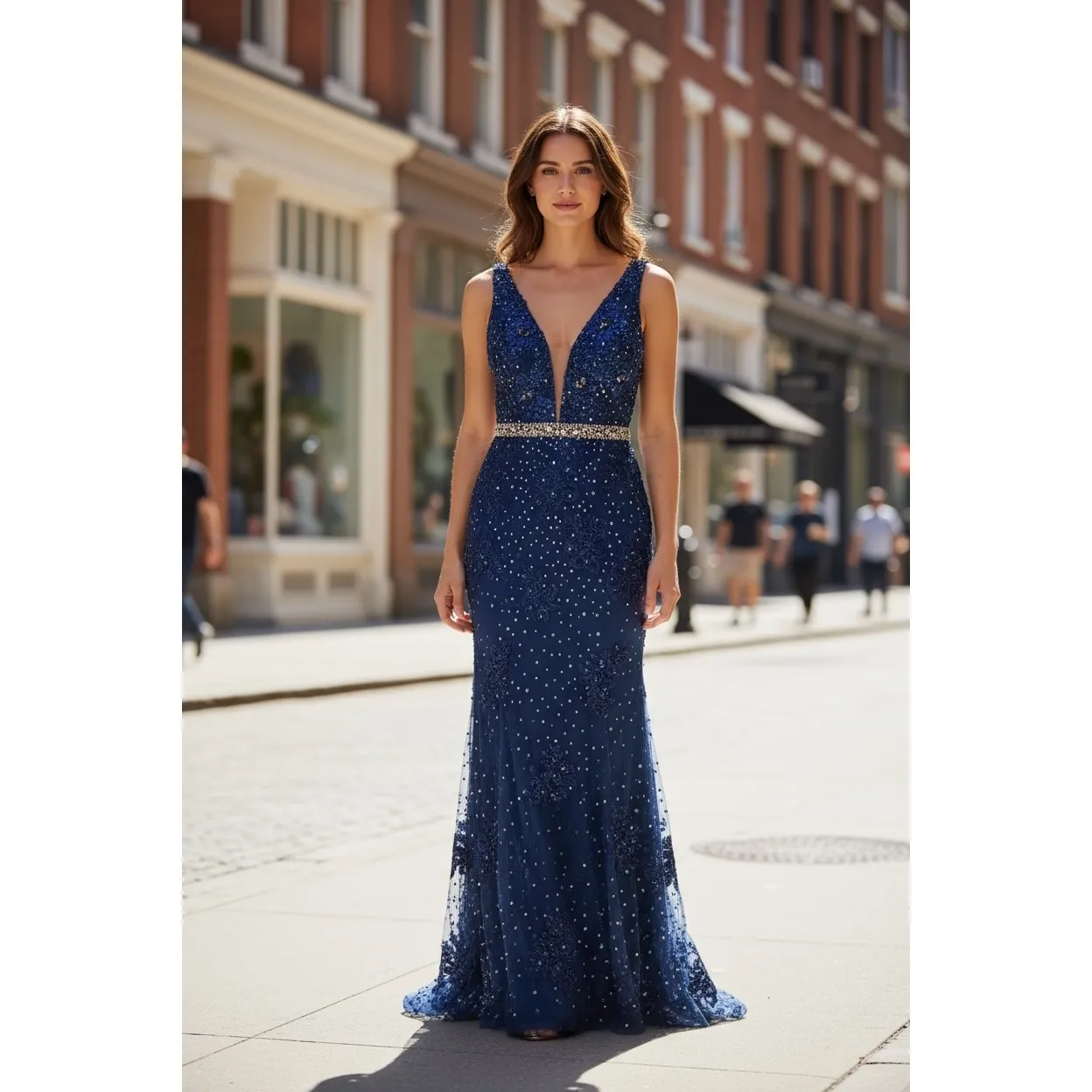 Panoply Navy Blue Beaded Lace embroidered V Neck Prom Evening Gown Dress Size 8 - Image 2