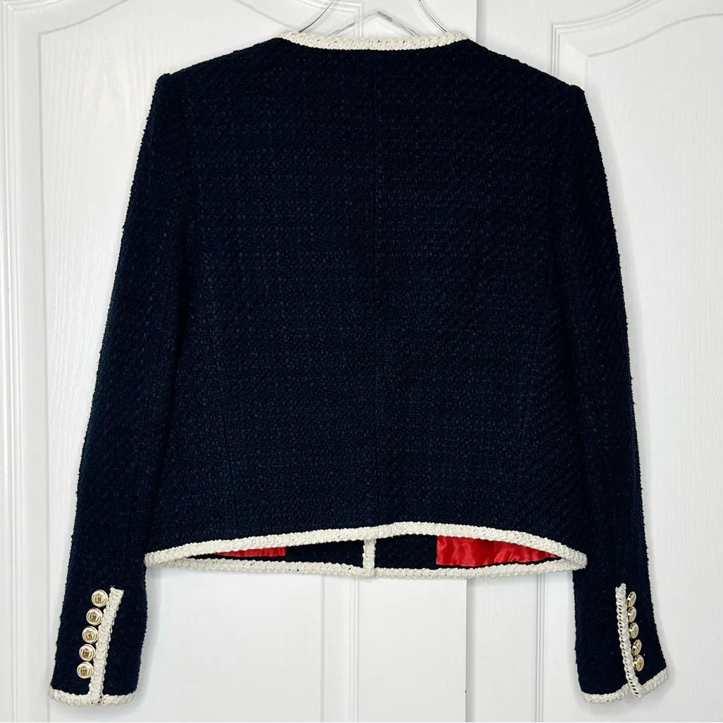 Veronica Beard Mabel Tweed Jacket Blazer Navy Ivory Trim Size 12 - Image 7