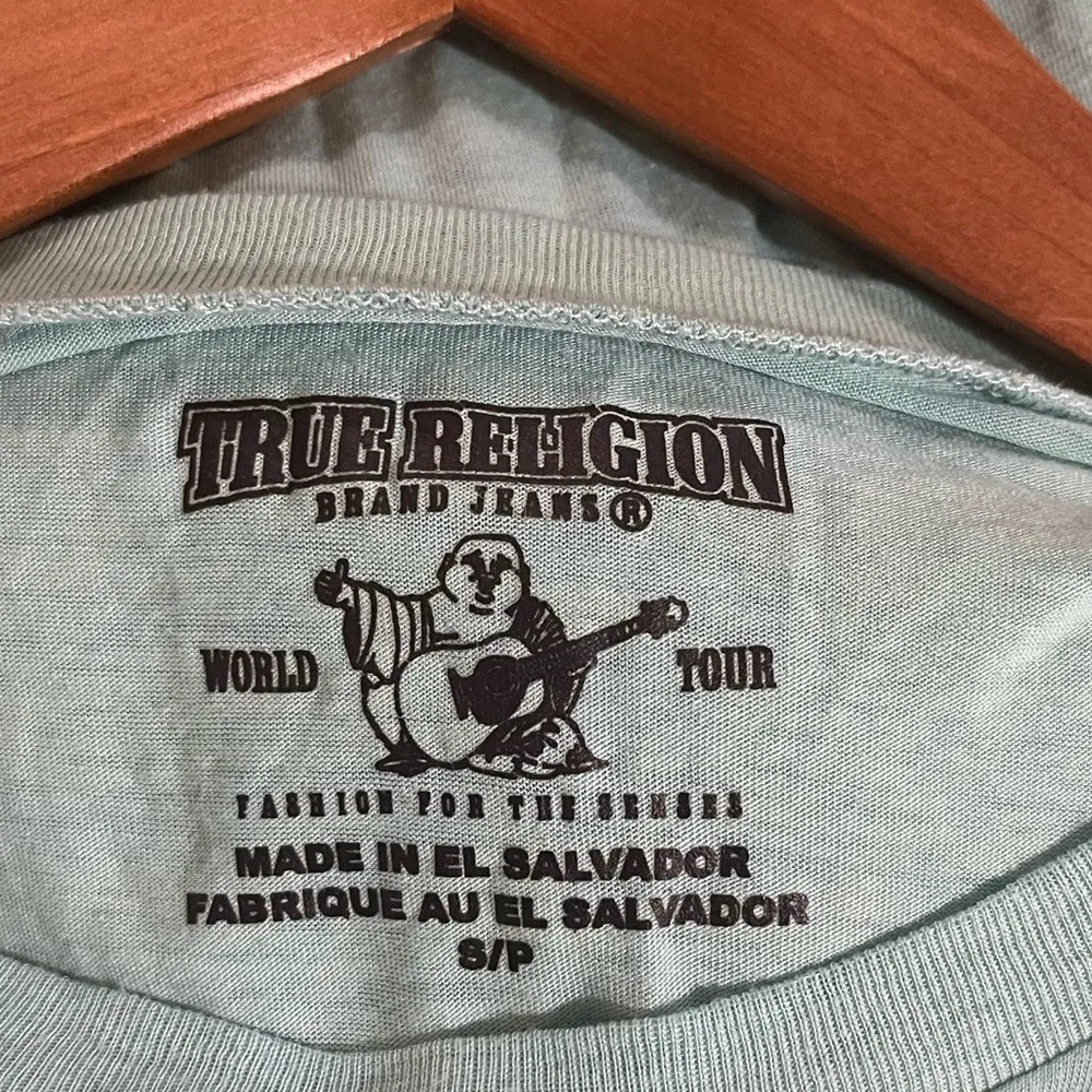 Women’s Tru Religion aqua short sleeve t-shirt w/ black crystal script Buddha S - Image 3