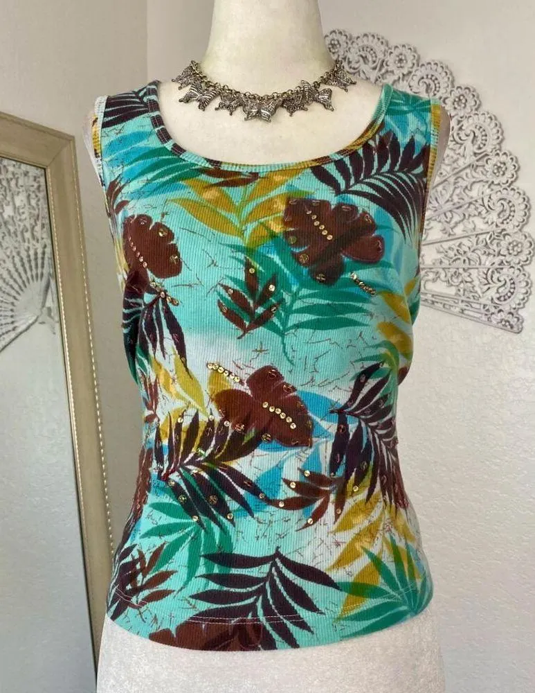 Early 2000's Green Brown Cotton Palm Tree Floral Sequin Hawaiian Cami Tank Top S - Image 7
