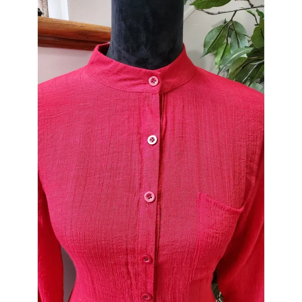 Women's Solid Red Polyester Long Sleeve Button Front Down Long Casual Maxi Dress Size 8 - Image 3