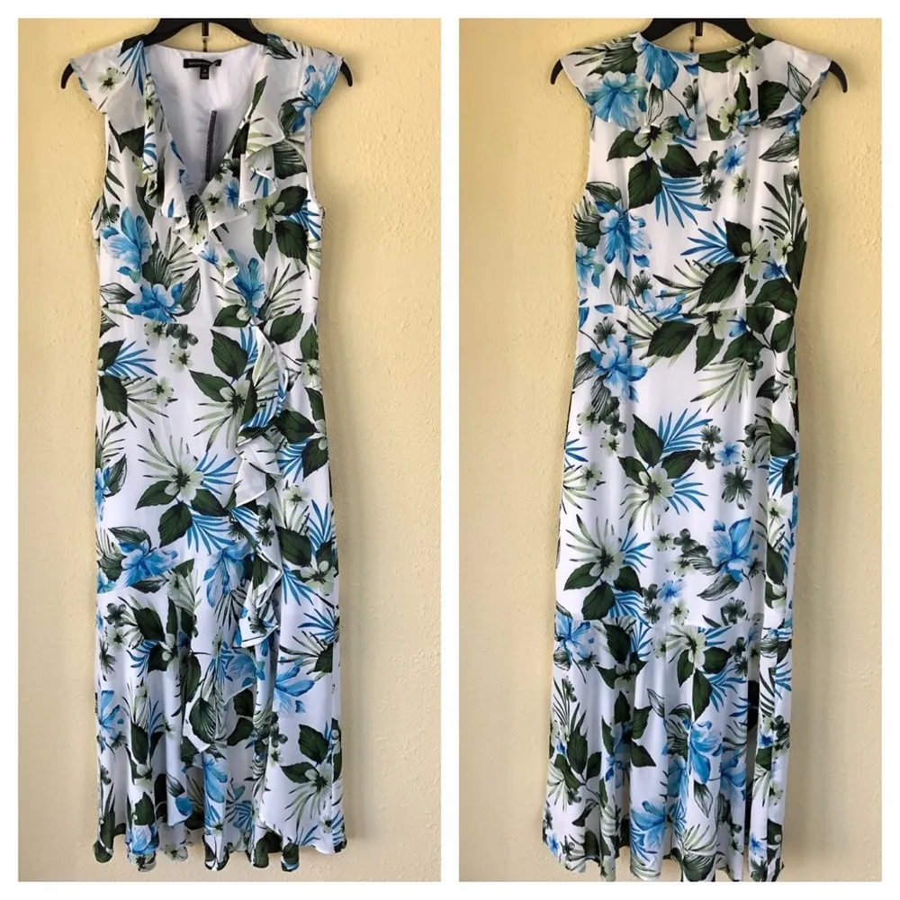 Banana Republic Floral Ruffle Maxi Dress 6 White Green - Image 3