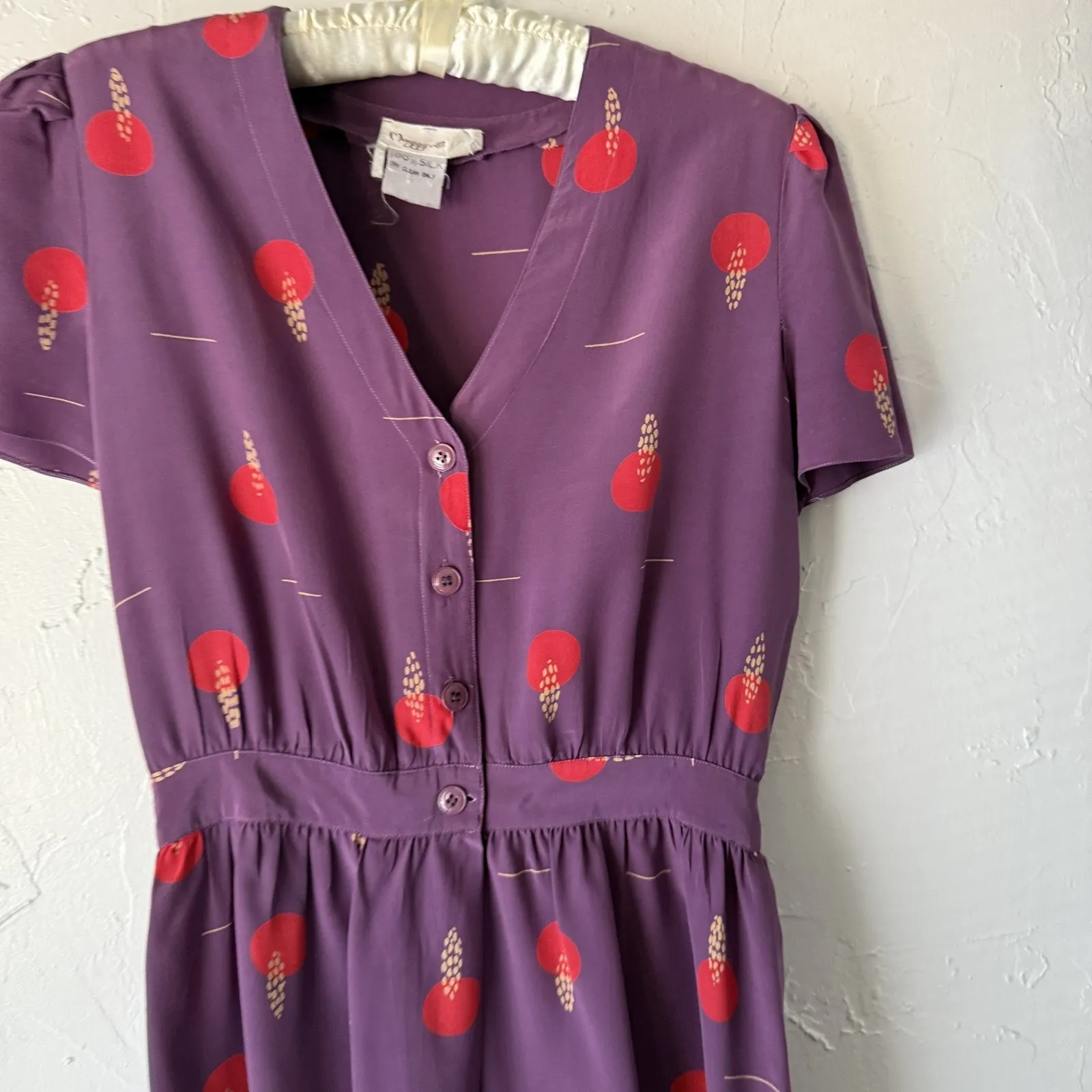Maggy London‎ Vintage 60s Dress 10 Silk Midi Button Short Sleeve Floral Print - Image 2