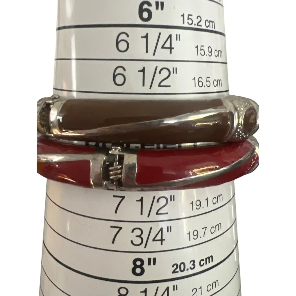 Set of 2 Vintage Clamper Bangle Bracelets Silver Tone Brown Red Enamel Estate 7" - Image 4