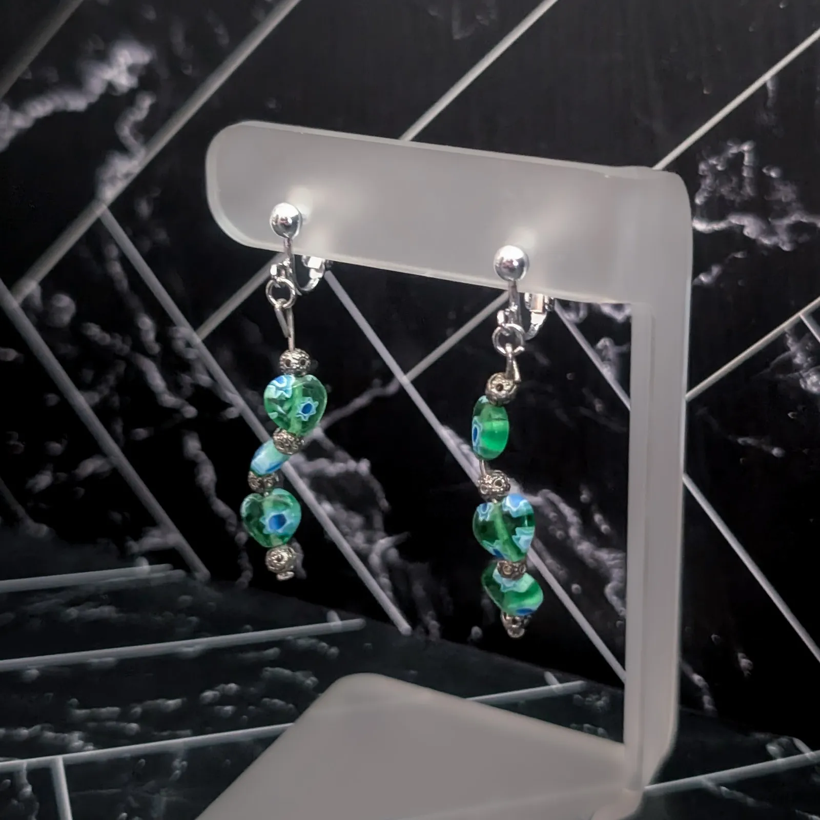 Vintage Clip On Earrings Green Millefiori Glass Twisted Dangle Heart Earrings - Image 2