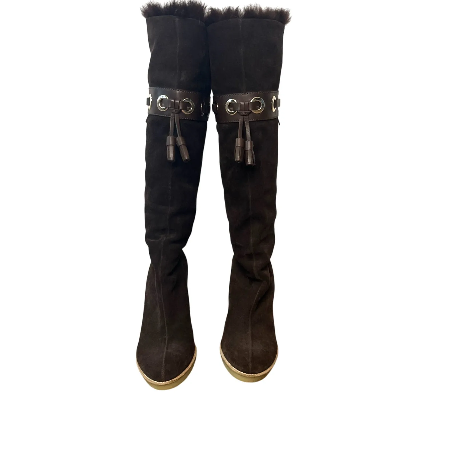 Gucci Dark Brown Suede Leather Fur Lined Tassel Knee Winter High Boots Size 6.5 - Image 4