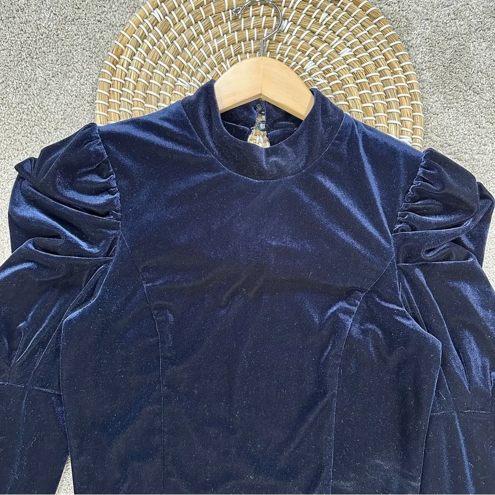 Misa Los Angles Dita Velvet Top Puffed Longsleeve Mock Neck Whimsigoth in Navy M - Image 3