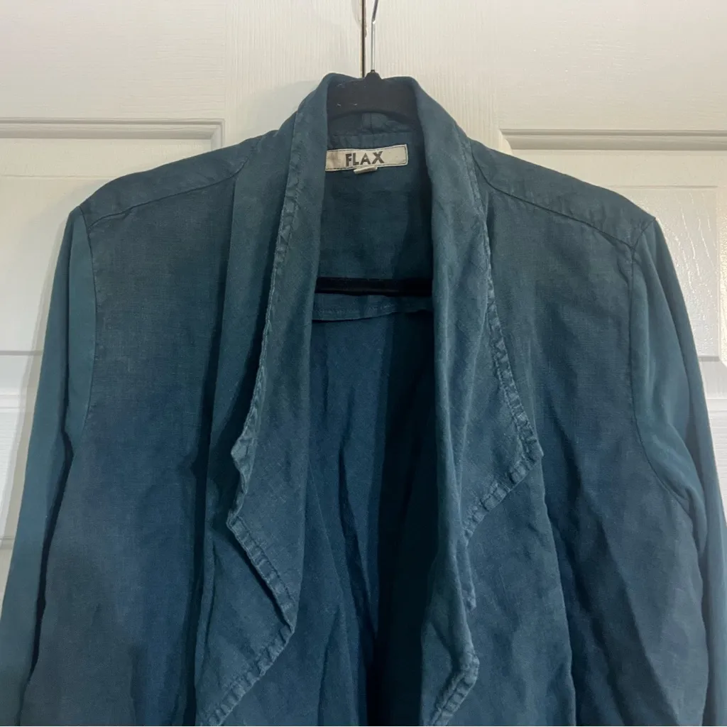 Flax Open Front Blue Dark Teal Cardigan Top Jacket Linen Size Medium Drapey - Image 3