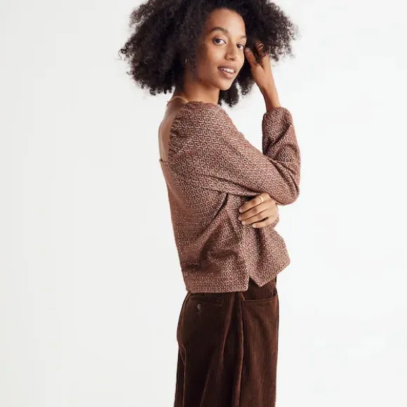 MADEWELL Jacquard Puff-Sleeve Boho Cropped Long Sleeve Blouse Top - Image 2