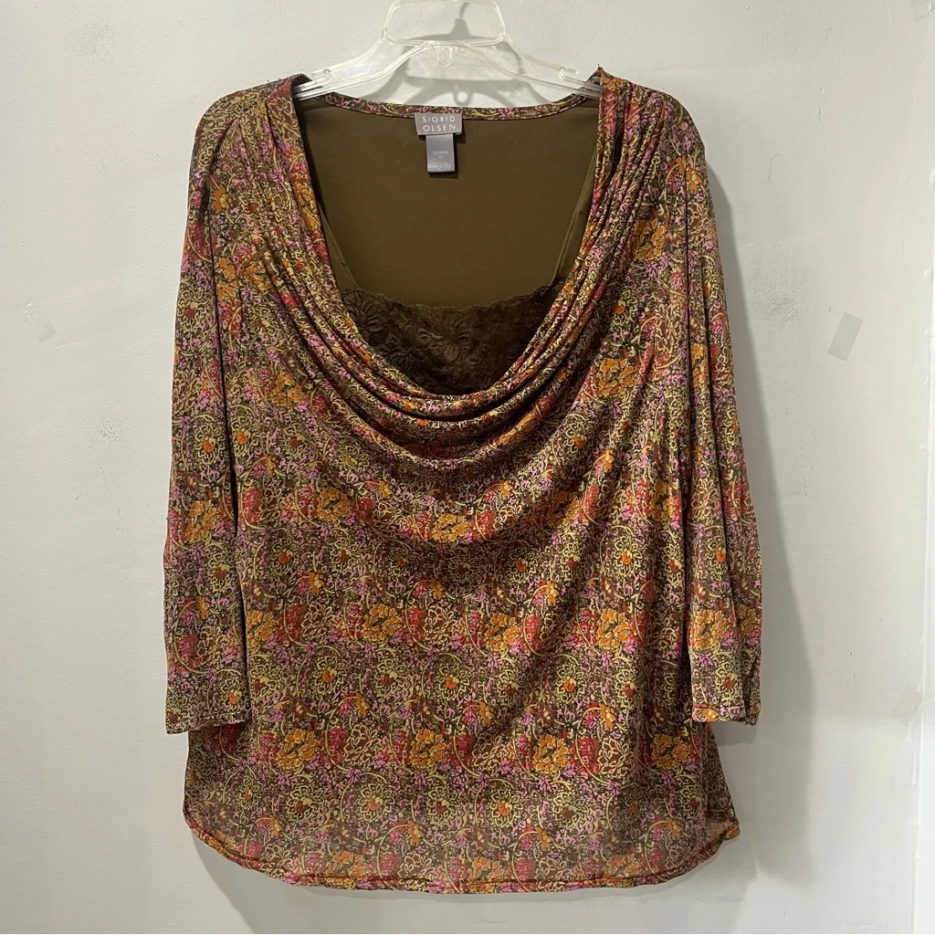 Sigrid Olsen Top Womens Size 3XL Blouse Layered Floral Earthy Lace Green Orange - Image 2