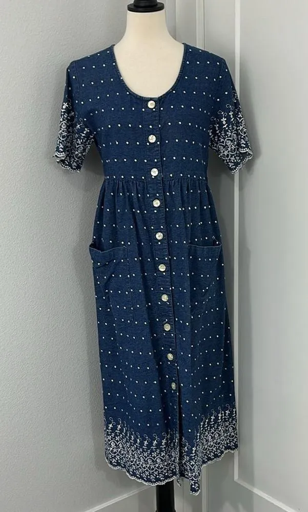 Vintage 90s GTG Small Blue Denim Midi Short Sleeve Momcore Dress w/Pockets - Image 4